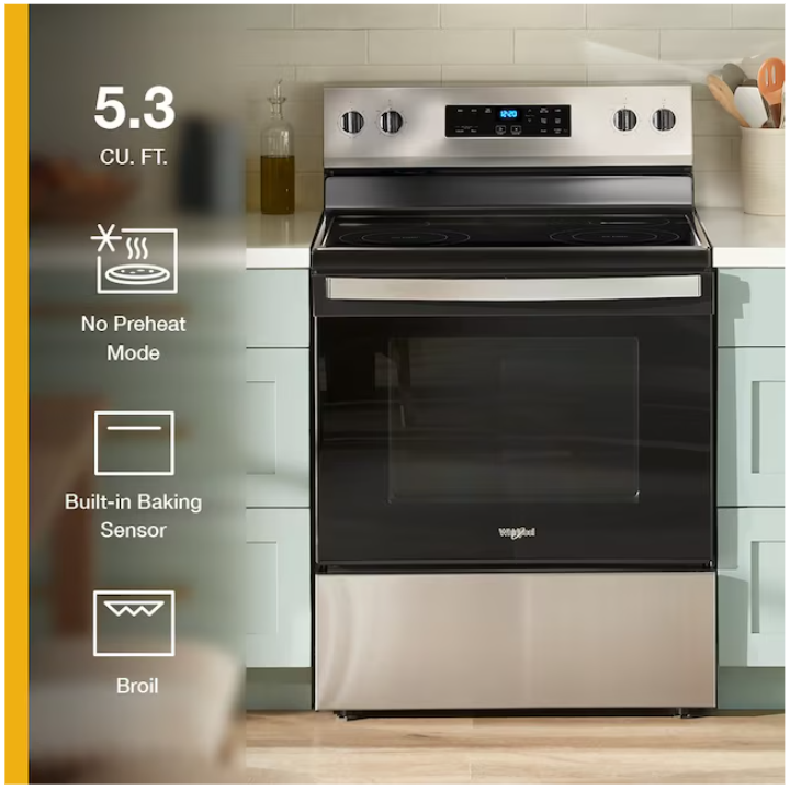 Whirlpool Flexible Cooktop 30-in Glass Top 4 burners 5.3-cu ft Freestanding Electric Range ( Stainless Steel )