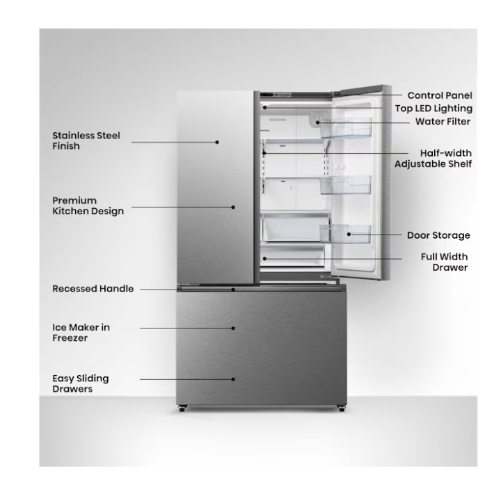 Hisense PureFlat Standard-Depth 26.6-cu ft 3 -Door 36-in Wide French Door Refrigerator with Ice Maker with Water Dispenser ( Fingerprint resistant stainless steel ) ENERGY STAR Certified