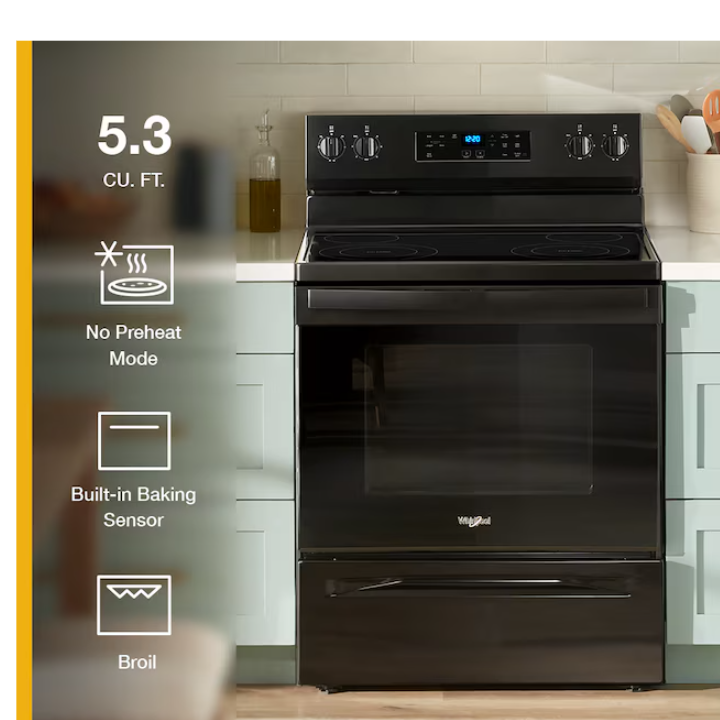 Whirlpool 30-in Glass Top 4 burners 5.3-cu ft Freestanding Electric Range ( Black )