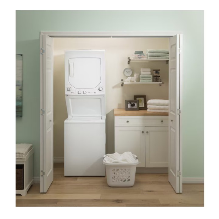 GE Stacked Laundry Center with 2.3-cu ft Top load Washer and Gas 4.4-cu ft Dryer