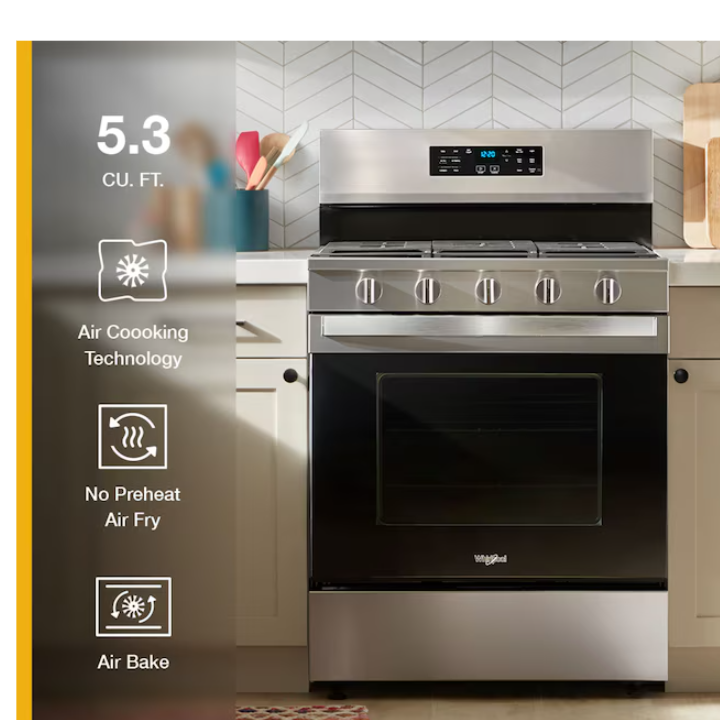 Whirlpool Air Cooking Technology 30-in 5 burners 5-cu ft Air Fry Convection Oven Freestanding Natural Gas Range ( Fingerprint Stainless Steel )