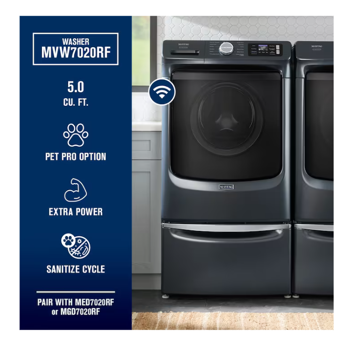 Maytag Pet Pro Stackable Front-Load Washer & Vented Gas Dryer Set in Midnight Steel