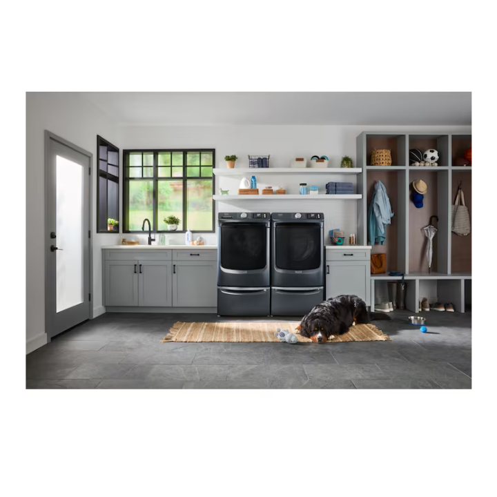 Maytag Pet Pro Stackable Front-Load Washer & Vented Gas Dryer Set in Midnight Steel