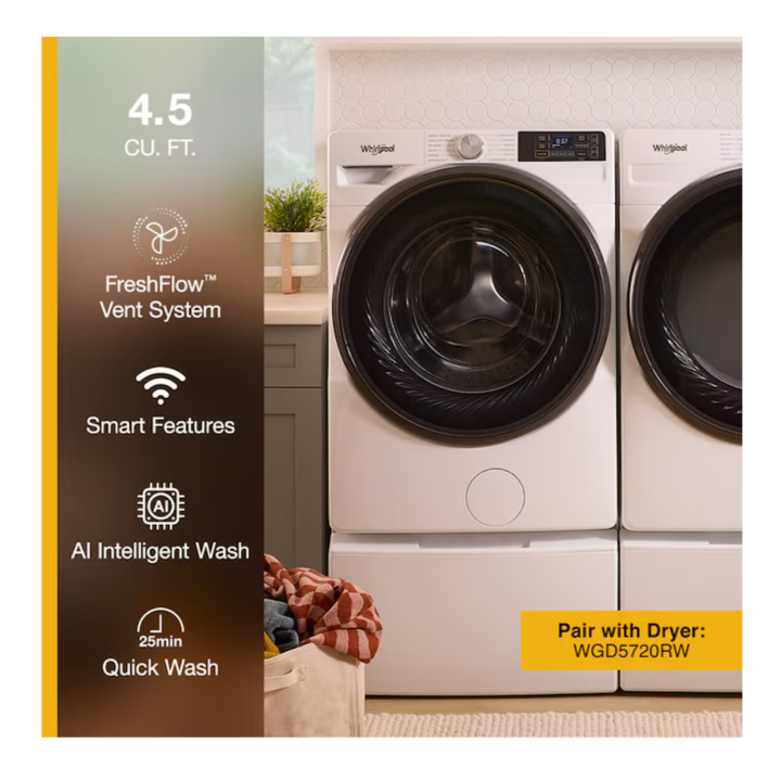 Whirlpool High Efficiency Stackable Steam Cycle Smart Compatible Large Front-Load Washer ( White )