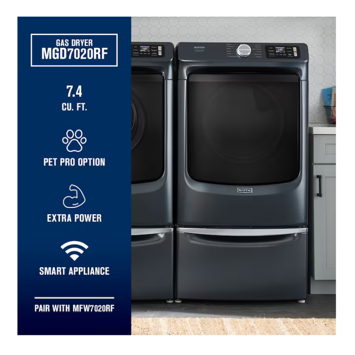 Maytag Pet Pro Stackable Front-Load Washer & Vented Gas Dryer Set in Midnight Steel