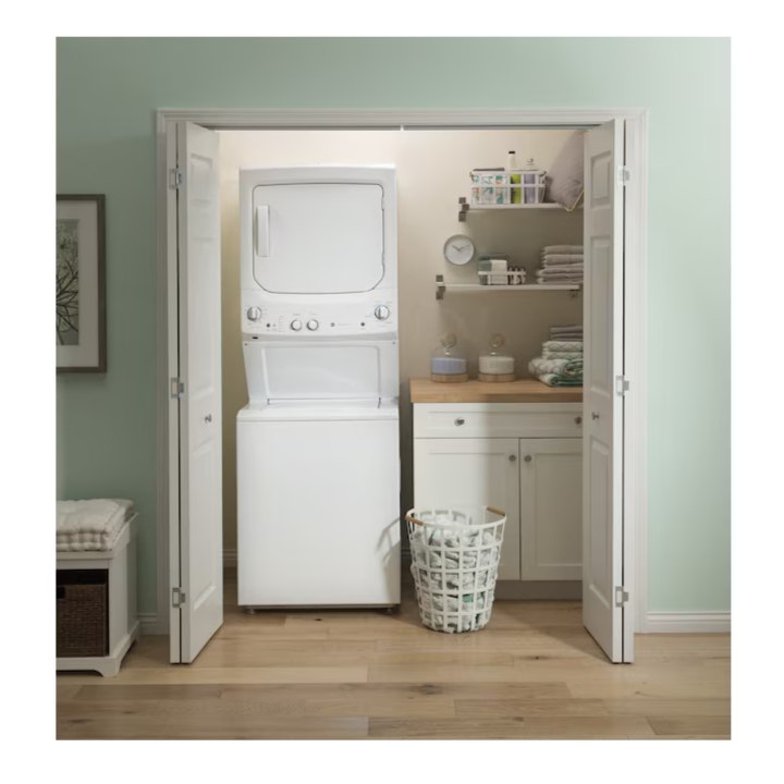 GE Stacked Laundry Center with 3.8-cu ft Top load Washer and Gas 5.9-cu ft Dryer