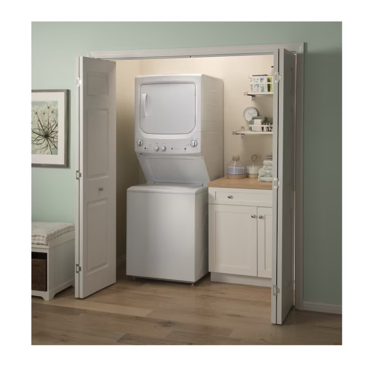 GE Stacked Laundry Center with 3.8-cu ft Top load Washer and Electric 5.9-cu ft Dryer
