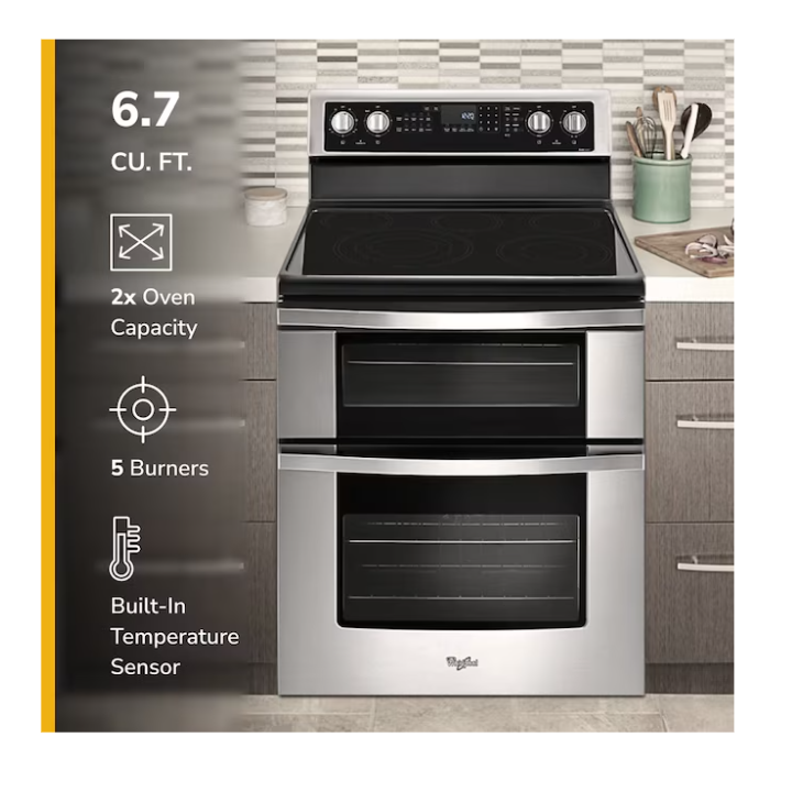 Whirlpool 30-in Glass Top 5 burners 4.2-cu ft / 2.5-cu ft Convection Oven Freestanding Double Oven Electric Range ( Stainless steel )