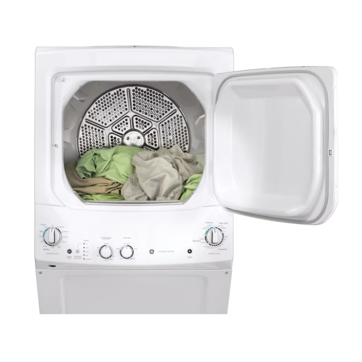 GE Stacked Laundry Center with 3.8-cu ft Top load Washer and Electric 5.9-cu ft Dryer