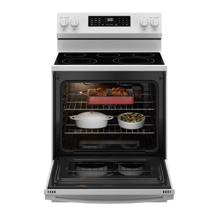 GE EasyWash Oven Tray 30-in Glass Top 5 burners 5.3-cu ft Air Fry Convection Oven Freestanding Electric Range (White)