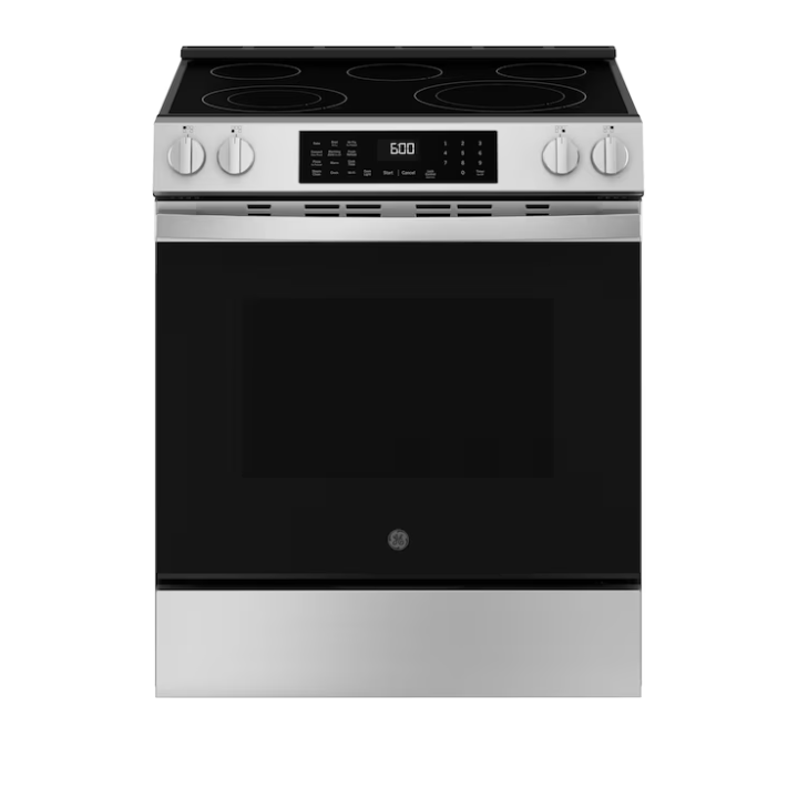 GE EasyWash Oven Tray 30-in Glass Top 5 burners 5.3-cu ft Air Fry Convection Oven Slide-In Electric Range (Fingerprint Resistant Stainless Steel)