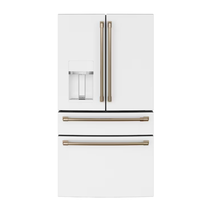 Cafe Standard-Depth 27.8-cu ft 4 -Door 36-in Wide Smart Compatible French Door Refrigerator with Ice Maker with Water and Ice Dispenser (Matte White with Brushed Bronze Handles) ENERGY STAR Certified
