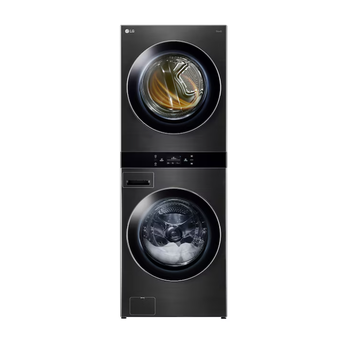LG Gas Stacked Laundry Center with 5-cu ft Front load Washer and 7.4-cu ft Dryer Black Stainless Steel