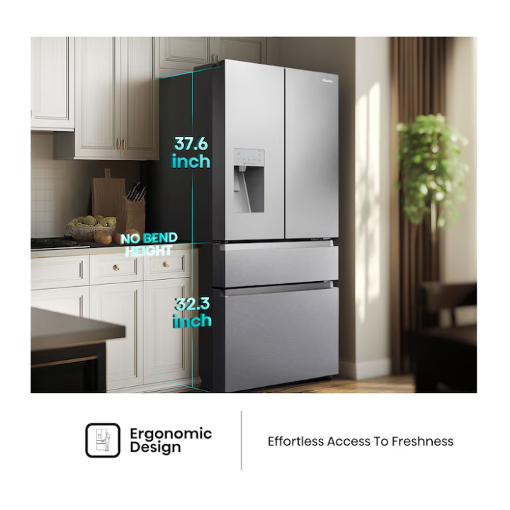 Hisense PureFlat Standard-Depth 25.6-cu ft 4 -Door 36-in Wide Smart Compatible French Door Refrigerator with Ice Maker with Water and Ice Dispenser ( Stainless steel ) ENERGY STAR Certified