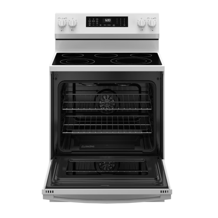 GE EasyWash Oven Tray 30-in Glass Top 5 burners 5.3-cu ft Air Fry Convection Oven Freestanding Electric Range (White)