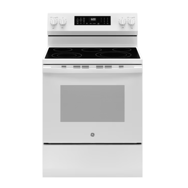 GE EasyWash Oven Tray 30-in Glass Top 5 burners 5.3-cu ft Air Fry Convection Oven Freestanding Electric Range (White)
