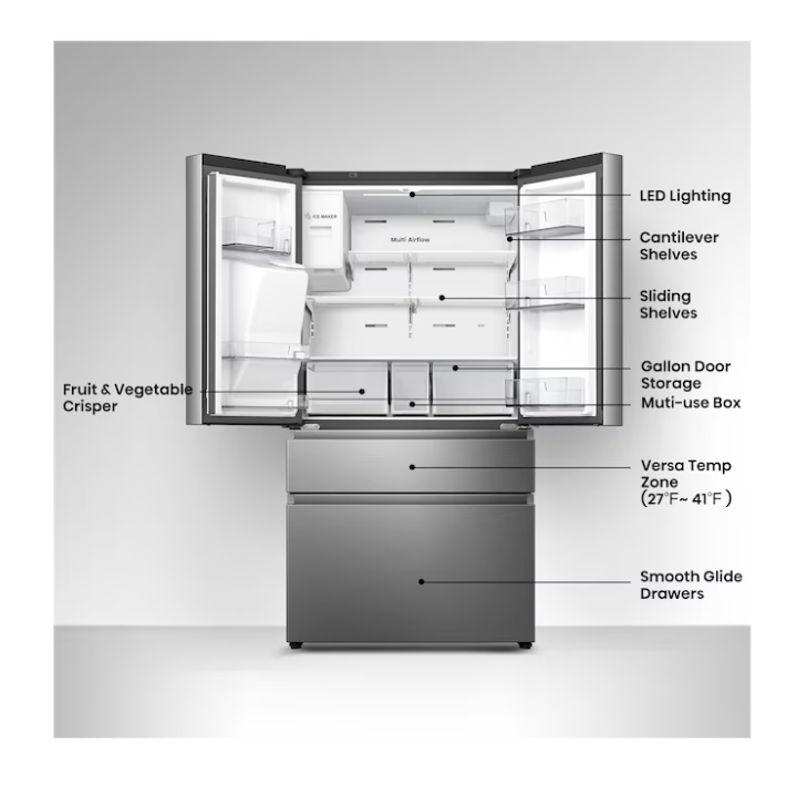 Hisense PureFlat Standard-Depth 25.6-cu ft 4 -Door 36-in Wide Smart Compatible French Door Refrigerator with Ice Maker with Water and Ice Dispenser ( Stainless steel ) ENERGY STAR Certified