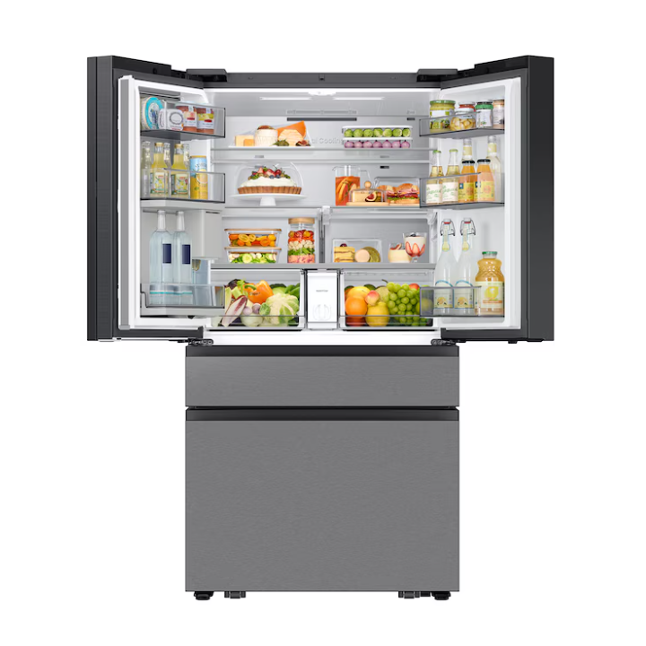 Samsung Bespoke Standard-Depth Family Hub 29-cu ft 4 -Door 36-in Wide Smart Compatible French Door Refrigerator with Dual Ice Maker with Water Dispenser and Door within Door (Charcoal Glass Top with Stainless Steel Bottom Panels) ENERGY STAR Certified