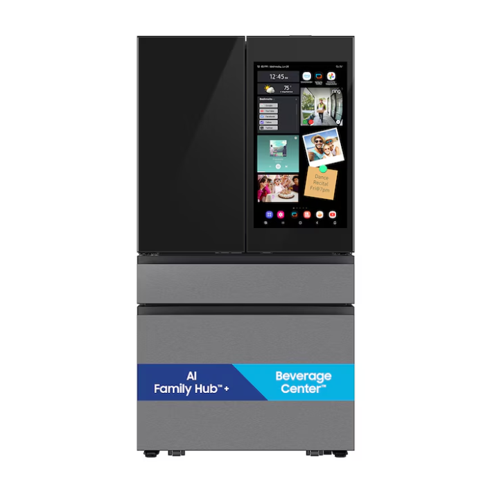 Samsung Bespoke Standard-Depth Family Hub 29-cu ft 4 -Door 36-in Wide Smart Compatible French Door Refrigerator with Dual Ice Maker with Water Dispenser and Door within Door (Charcoal Glass Top with Stainless Steel Bottom Panels) ENERGY STAR Certified