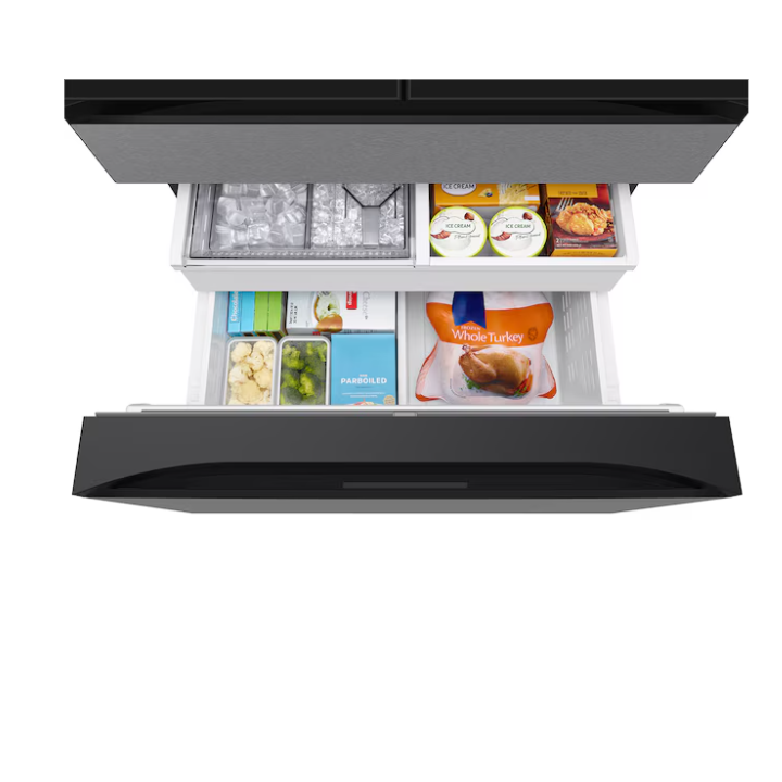 Samsung Bespoke Standard-Depth Family Hub 29-cu ft 4 -Door 36-in Wide Smart Compatible French Door Refrigerator with Dual Ice Maker with Water Dispenser and Door within Door (Charcoal Glass Top with Stainless Steel Bottom Panels) ENERGY STAR Certified