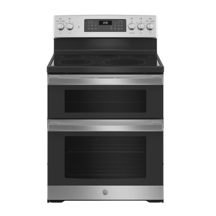 GE 30-in Glass Top 5 burners 4.4-cu ft / 2.2-cu ft Air Fry Convection Oven Freestanding Double Oven Electric Range (Stainless Steel)