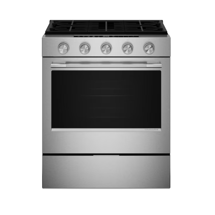 KitchenAid 30-in 5 burners 5-cu ft Air Fry Convection Oven Slide-In Natural Gas Range (PrintShield Stainless Finish)