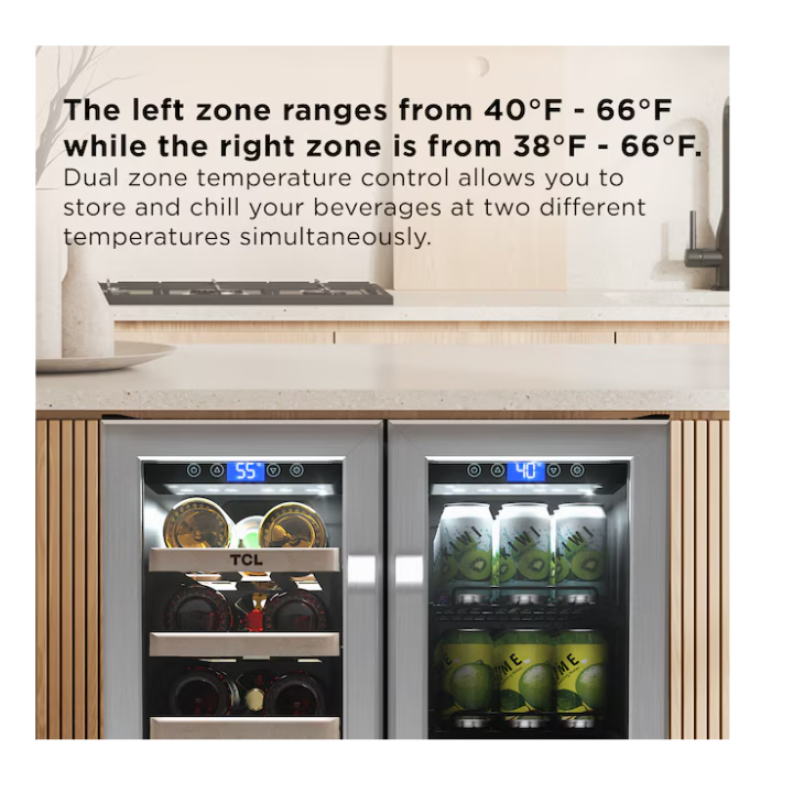 TCL 23.4-in W 20 -Bottles Stainless Stell Dual Zone Cooling Built-in/Freestanding Indoor Wine Cooler