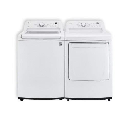 LG 4.3 Cu. Ft. Top Load Washer in White with 4-Way Agitator & 7.3 Cu. Ft. Vented Gas Dryer in White with Sensor Dry