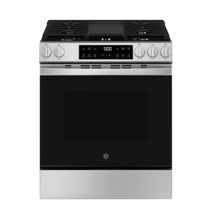 GE Crisp Mode 30-in 5 burners 5.3-cu ft Slide-In Natural Gas Range ( Stainless Steel )